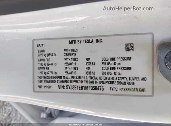 5YJ3E1EB1MF050475 2021 TESLA MODEL 3 White Widok komory silnika