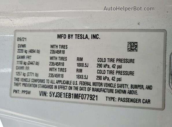 5YJ3E1EB1MF077921 2021 TESLA MODEL White Vista del compartimento del motor