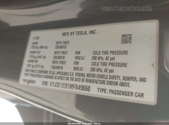 5YJ3E1EB1MF849060 2021 TESLA MODEL 3 Gray Vista del compartimento del motor
