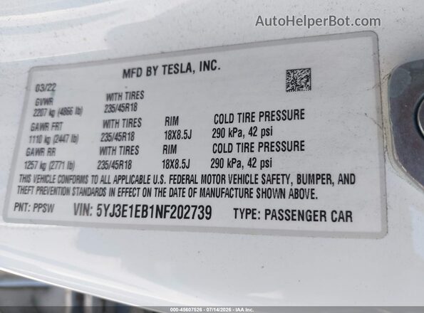 5YJ3E1EB1NF202739 2022 TESLA MODEL 3 Белый Вид подкапотного пространства