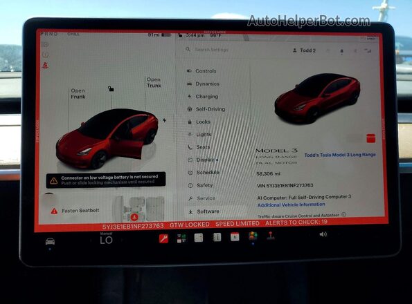 5YJ3E1EB1NF273763 2022 TESLA MODEL Red ხელსაწყოთა პანელის ხედი