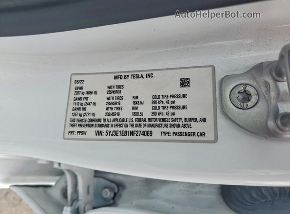 5YJ3E1EB1NF274069 2022 TESLA MODEL White VIN კოდის სტიკერის ხედი