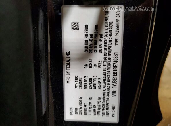 5YJ3E1EB1RF740881 2024 TESLA MODEL Black VIN sticker view