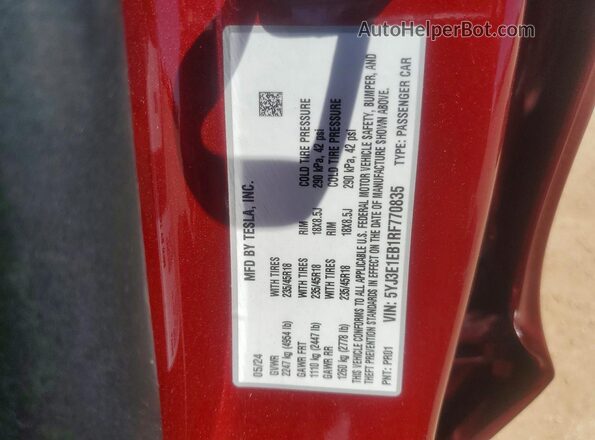 5YJ3E1EB1RF770835 2024 TESLA MODEL Red Вид підкапотного простору