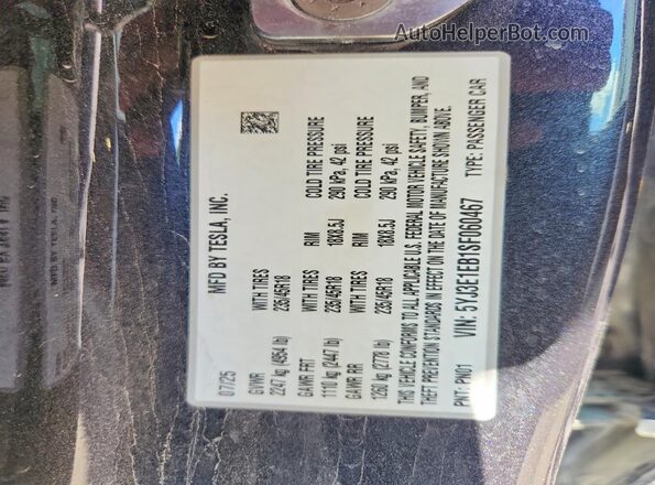 5YJ3E1EB1SF060467 2025 TESLA MODEL Gray Вид наклейки з VIN-кодом