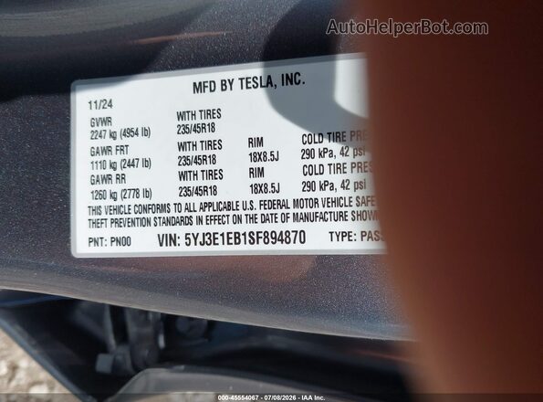 5YJ3E1EB1SF894870 2025 TESLA MODEL 3 Gray Вид підкапотного простору