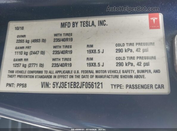 5YJ3E1EB2JF056121 2018 TESLA MODEL 3 Синий Вид подкапотного пространства