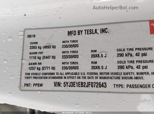 5YJ3E1EB2JF072643 2018 TESLA MODEL 3 White Вид підкапотного простору