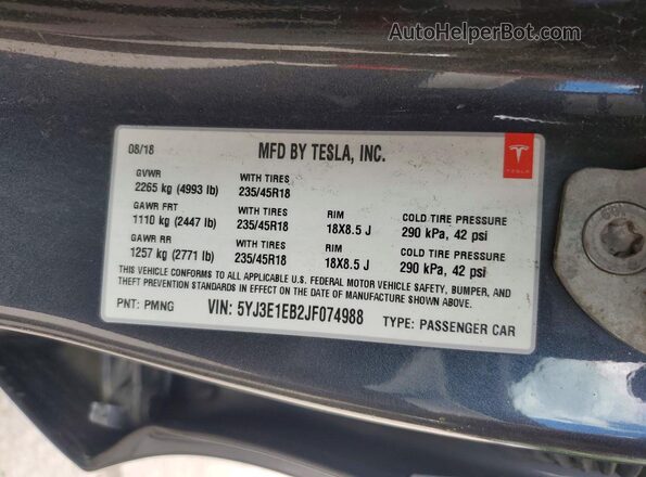 5YJ3E1EB2JF074988 2018 TESLA MODEL Gray VIN კოდის სტიკერის ხედი