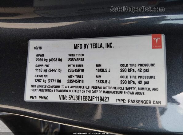 5YJ3E1EB2JF119427 2018 TESLA MODEL 3 Серый Вид подкапотного пространства