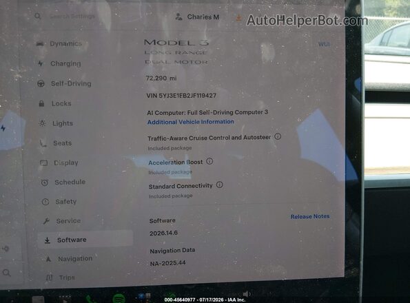 5YJ3E1EB2JF119427 2018 TESLA MODEL 3 Серый Вид задних сидений