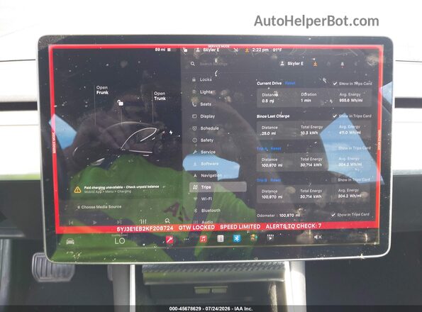 5YJ3E1EB2KF208724 2019 TESLA MODEL 3 Black Widok tylnych siedzeń