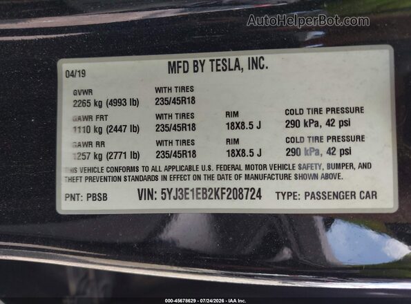 5YJ3E1EB2KF208724 2019 TESLA MODEL 3 Black Widok komory silnika
