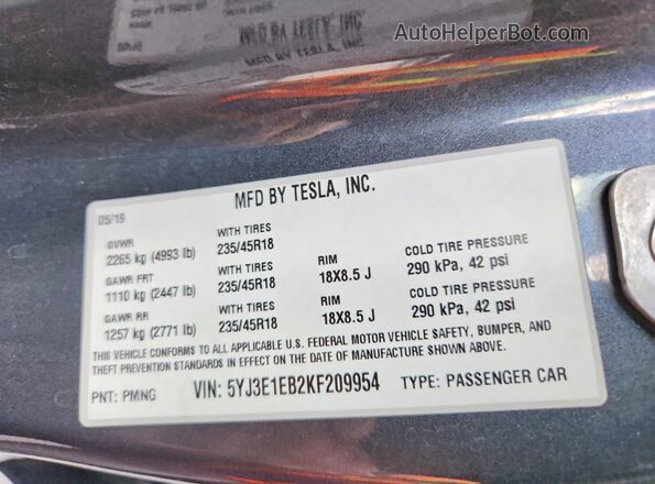 5YJ3E1EB2KF209954 2019 TESLA MODEL Gray Engine compartment view