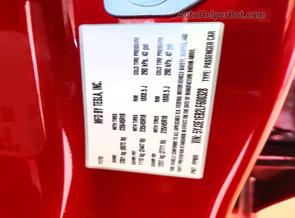 5YJ3E1EB2LF600328 2020 TESLA MODEL Red Շարժիչի բաժամունքի տեսք