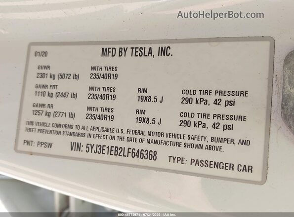 5YJ3E1EB2LF646368 2020 TESLA MODEL 3 White ძრავის განყოფილების ხედი