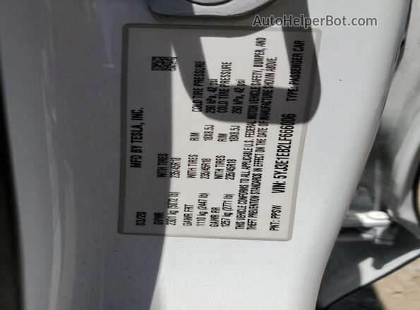 5YJ3E1EB2LF666006 2020 TESLA MODEL White VIN კოდის სტიკერის ხედი