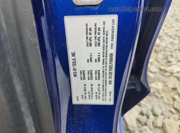 5YJ3E1EB2LF668466 2020 TESLA MODEL Синий Вид подкапотного пространства
