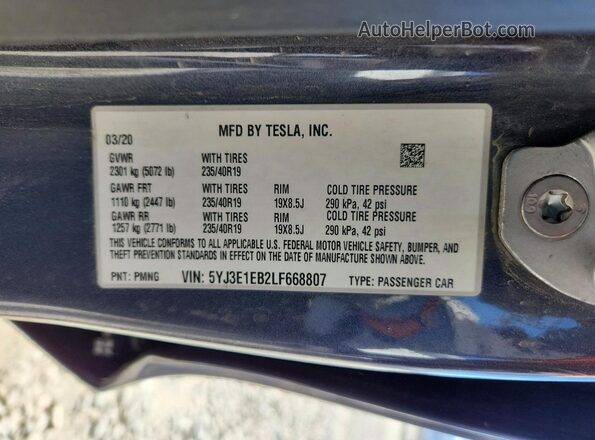 5YJ3E1EB2LF668807 2020 TESLA MODEL Gray Շարժիչի բաժամունքի տեսք