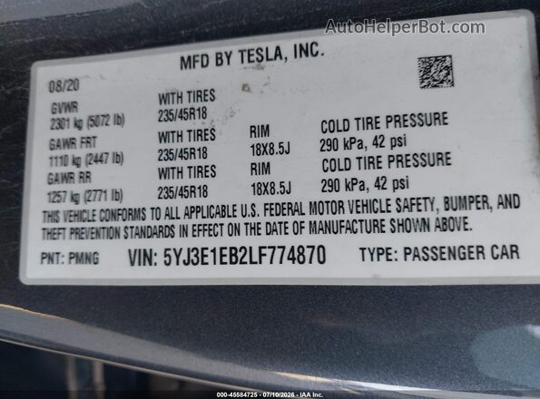 5YJ3E1EB2LF774870 2020 TESLA MODEL 3 Blue Շարժիչի բաժամունքի տեսք