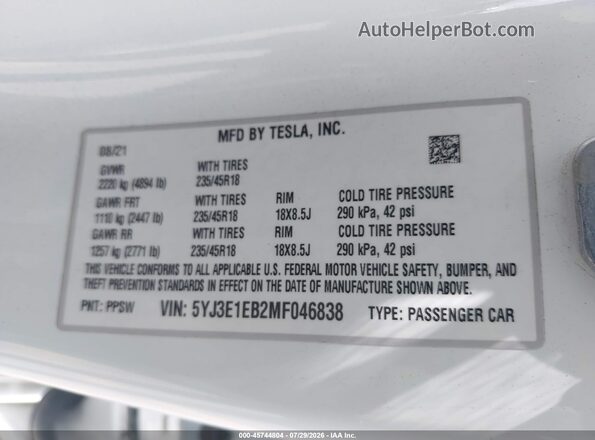 5YJ3E1EB2MF046838 2021 TESLA MODEL 3 White Engine compartment view