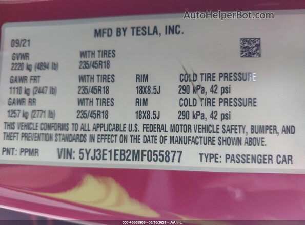 5YJ3E1EB2MF055877 2021 TESLA MODEL 3 Red Շարժիչի բաժամունքի տեսք