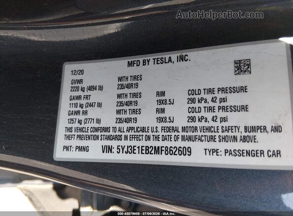 5YJ3E1EB2MF862609 2021 TESLA MODEL 3 Gray Widok komory silnika