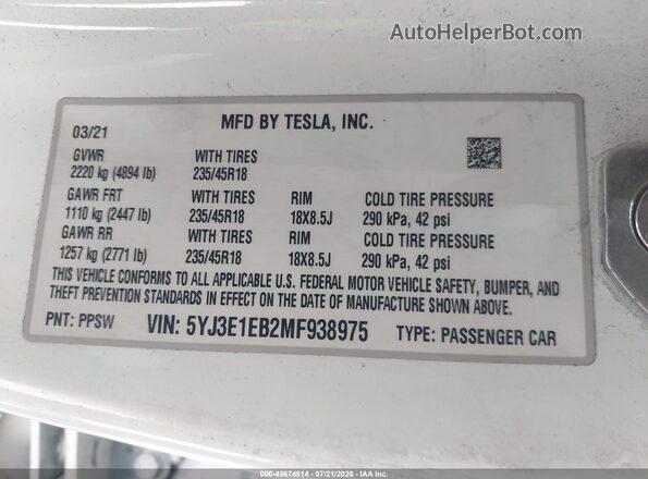 5YJ3E1EB2MF938975 2021 TESLA MODEL 3 Белый Вид подкапотного пространства