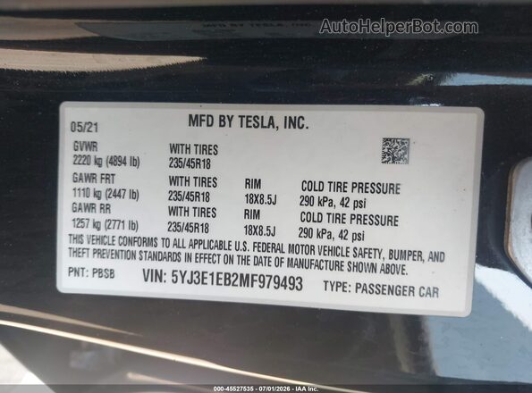 5YJ3E1EB2MF979493 2021 TESLA MODEL 3 Black Engine compartment view