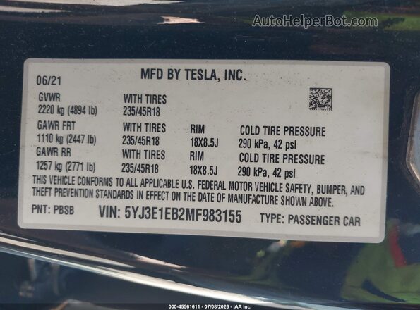 5YJ3E1EB2MF983155 2021 TESLA MODEL 3 Black Engine compartment view