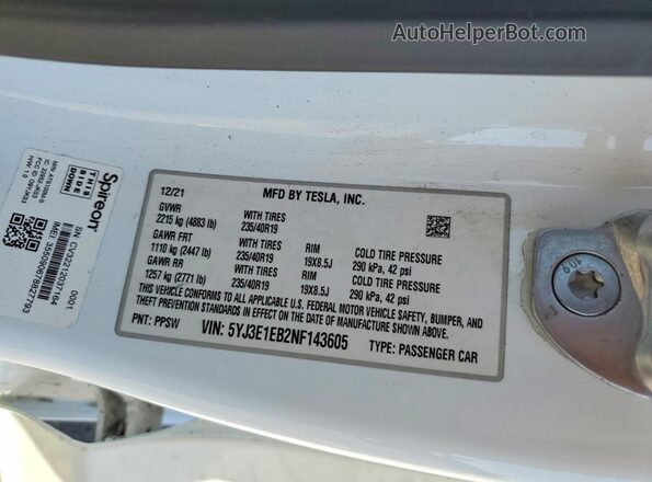 5YJ3E1EB2NF143605 2022 TESLA MODEL Белый Вид подкапотного пространства