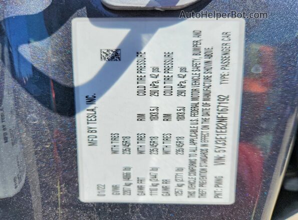 5YJ3E1EB2NF167192 2022 TESLA MODEL Silver ძრავის განყოფილების ხედი