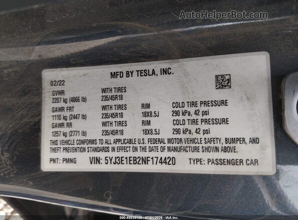 5YJ3E1EB2NF174420 2022 TESLA MODEL 3 Gray Vista del compartimento del motor