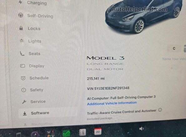 5YJ3E1EB2NF291348 2022 TESLA MODEL Charcoal Вид щитка приладів