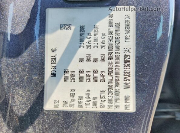 5YJ3E1EB2NF291348 2022 TESLA MODEL Charcoal Вид підкапотного простору