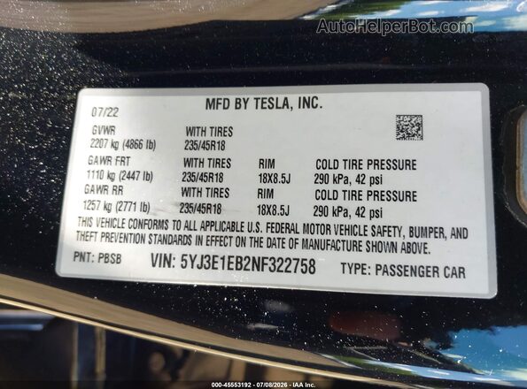 5YJ3E1EB2NF322758 2022 TESLA MODEL 3 Черный Вид подкапотного пространства