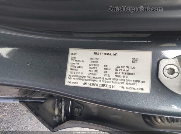5YJ3E1EB2NF332884 2022 TESLA MODEL 3 Gray ძრავის განყოფილების ხედი