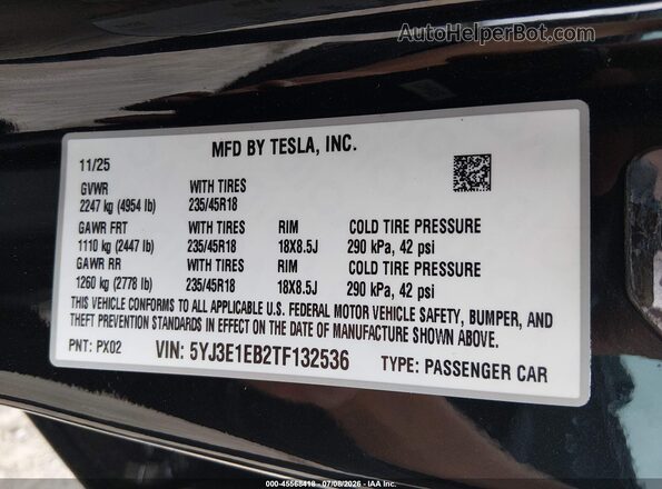 5YJ3E1EB2TF132536 2026 TESLA MODEL 3 Black Widok komory silnika