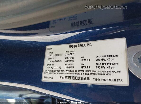 5YJ3E1EB3KF365615 2019 TESLA MODEL 3 Blue Вид підкапотного простору