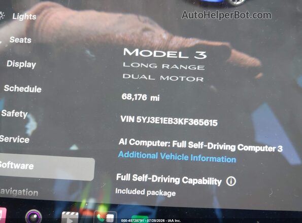 5YJ3E1EB3KF365615 2019 TESLA MODEL 3 Blue Вид задніх сидінь
