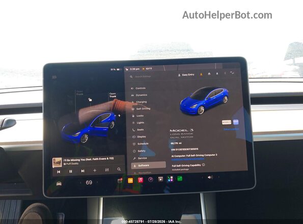 5YJ3E1EB3KF365615 2019 TESLA MODEL 3 Blue 