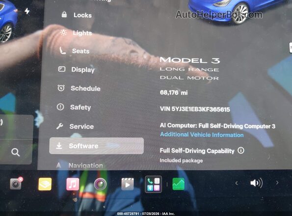5YJ3E1EB3KF365615 2019 TESLA MODEL 3 Blue 