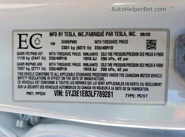 5YJ3E1EB3LF789281 2020 TESLA MODEL White Панорамний вид салону 360°
