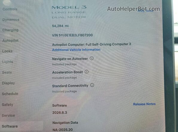 5YJ3E1EB3LF807200 2020 TESLA MODEL White Widok zestawu wskaźników