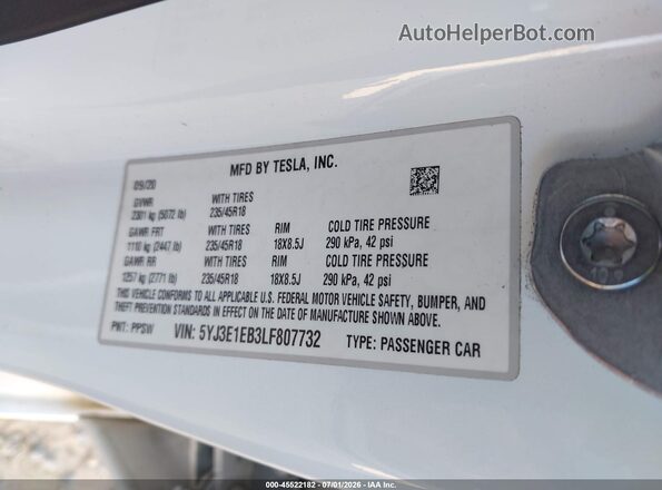 5YJ3E1EB3LF807732 2020 TESLA MODEL 3 White Вид підкапотного простору