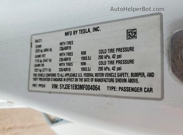 5YJ3E1EB3MF004064 2021 TESLA MODEL White VIN sticker view