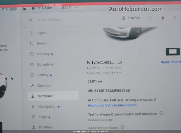 5YJ3E1EB3MF852896 2021 TESLA MODEL 3 White უკანა სავარძლების ხედი