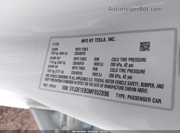 5YJ3E1EB3MF852896 2021 TESLA MODEL 3 White ძრავის განყოფილების ხედი