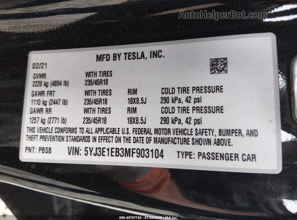 5YJ3E1EB3MF903104 2021 TESLA MODEL 3 Black Vista del compartimento del motor