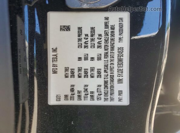 5YJ3E1EB3MF924535 2021 TESLA MODEL Black VIN կոդի պիտակի տեսք